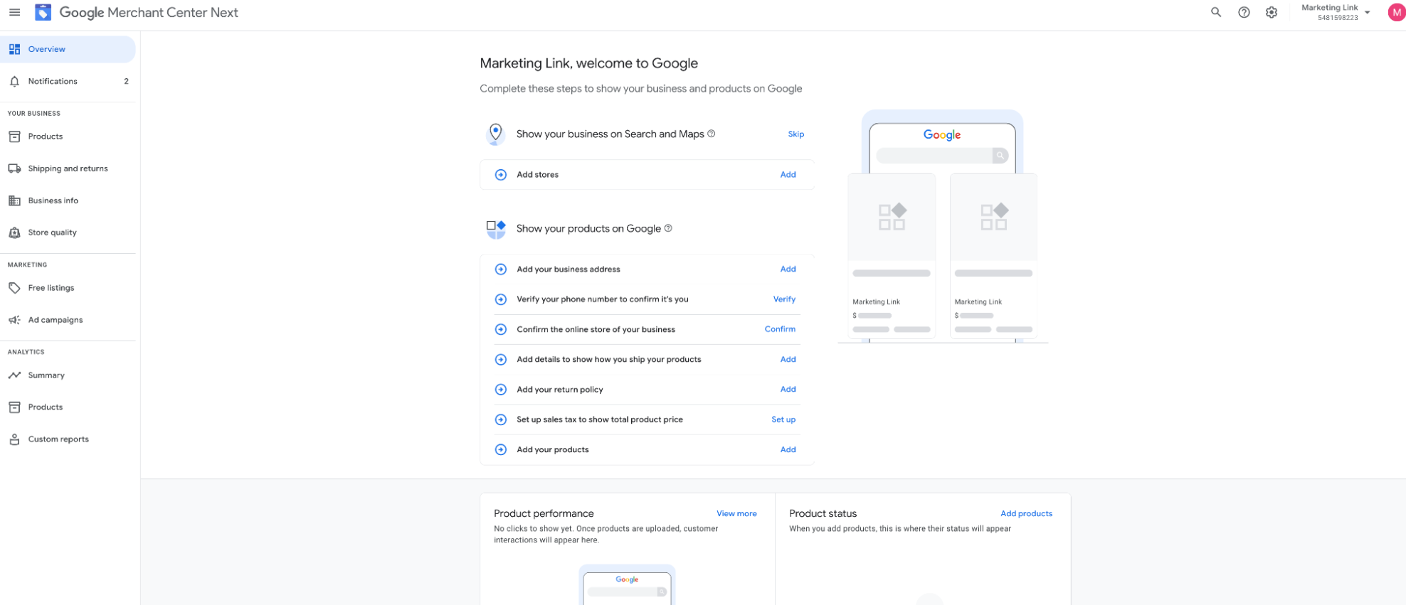 Готовая учетная запись в Google Merchant Center Next